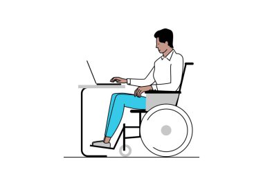İş konseptinde engelli. Tekerlekli sandalyede oturan ve dizüstü bilgisayarlı bir masada çalışan bir adam. Sınırlı renk düz vektörü.