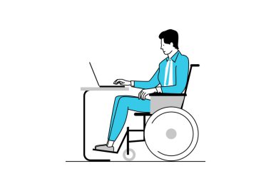 İş konseptinde engelli. Tekerlekli sandalyede oturan ve dizüstü bilgisayarlı bir masada çalışan bir adam. Sınırlı renk düz vektörü.