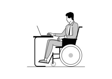 İş konseptinde engelli. Tekerlekli sandalyede oturan ve dizüstü bilgisayarlı bir masada çalışan bir adam. Sınırlı renk düz vektörü.