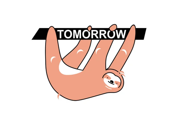 Procrastination Concept Sloth Hanging Word Tomorrow Flat Vector — Stock Vector