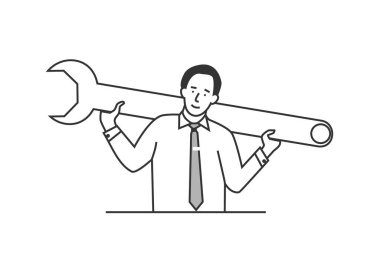 Helpesk service centre concept. Man holding a large wrench. Limited colour flat vector illustration.