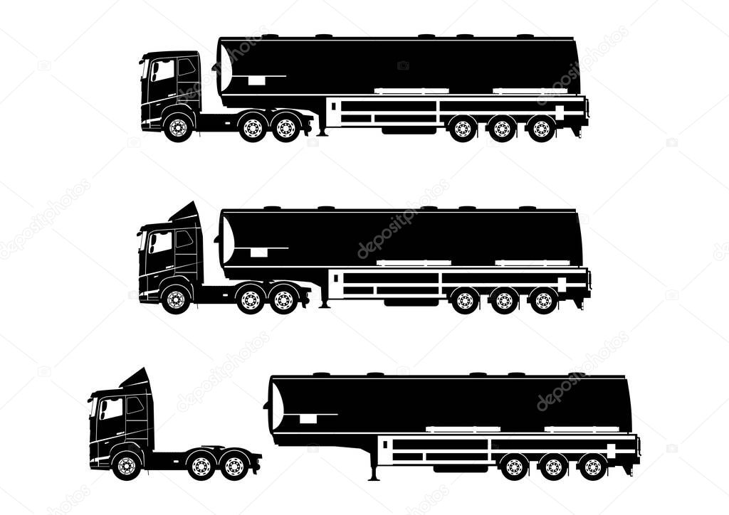Modern tank truck silhouettes. Side view of semi truck with tank trailer. Vector.