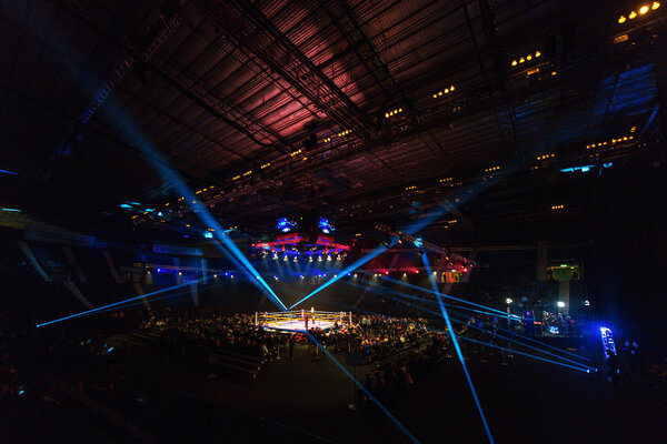 The Hovet arena with the ringside in bright lights during the No