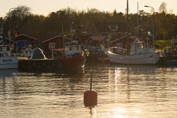 Warm light over the fishing harbour at Grisslehamn during late — Stock Photo, Image