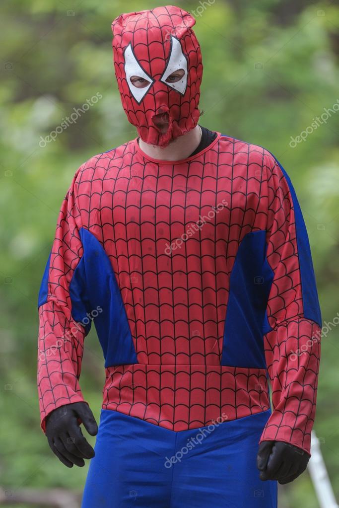 STOCKHOLM, SWEDEN - MAY 14, 2016 Spiderman at Tough Viking obstacle course around Stockholm Stadion.