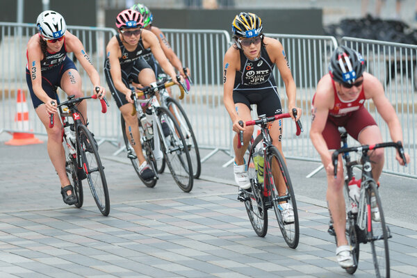 Yuko Takahashi (JPN) in the middle of a group in the cycling at 