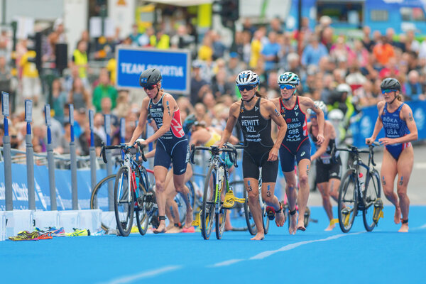 Transition between cycling and running at the Women ITU Triathlon event in Stockholm