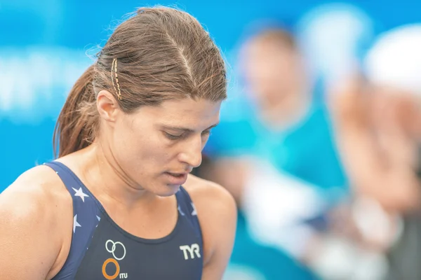 Closeup of Sarah True (USA) at the finish area in the Women ITU — Stock Photo, Image