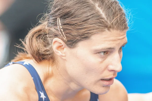Closeup of Sarah True (USA) at the finish area in the Women ITU — Stock Photo, Image