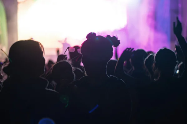 Silhouettes of happy people infront of the stage at the Color Ru — Stock Photo, Image