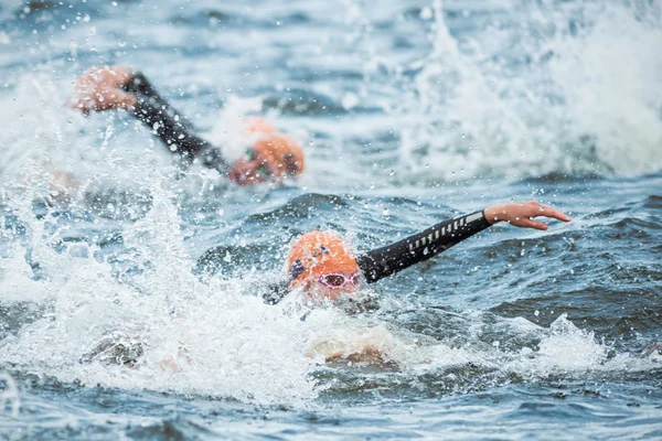 Triathletes swimming in the cold water at the Womans ITU World T — Stock Photo, Image