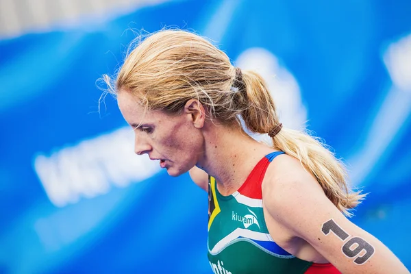 Closeup of Gillian Sanders from South Africa at the finish area — Stock Photo, Image