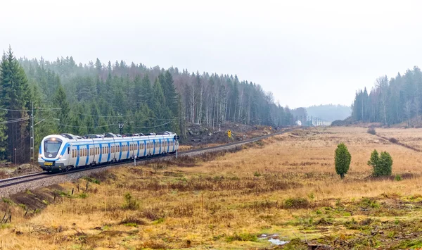 Пригородный поезд проходит по ландшафту за пределами склада — стоковое фото