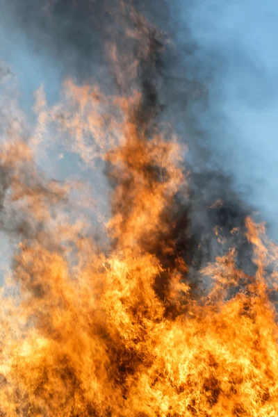 Grand feu et flammes avec un ciel bleu — Photo