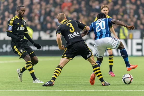 Players fighting over the ball in the soccer game DIF vs AIK at — 图库照片