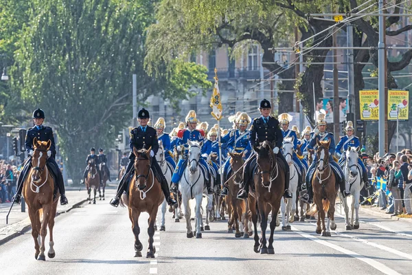 Caballos de policía ante los carruajes reales suecos y guardia real — Foto de Stock