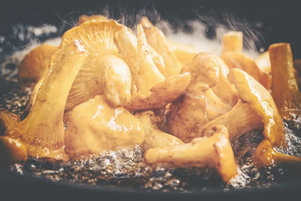 Chanterelles amarelo frito em uma frigideira — Fotografia de Stock
