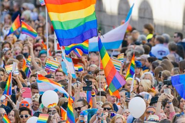 Big crowd walking with the Pride parade