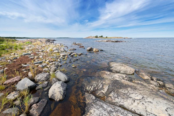 海辺で丸い岩に植物と海岸の風景 — ストック写真