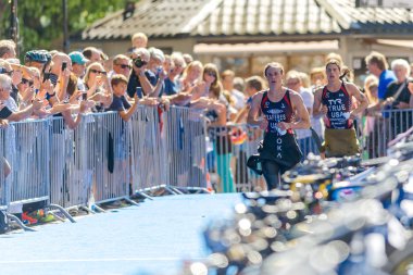 Katie Zaferes before Sarah True into the cycling transition at t