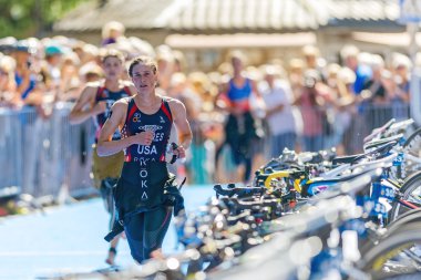 Katie Zaferes before Sarah True into the cycling transition at t