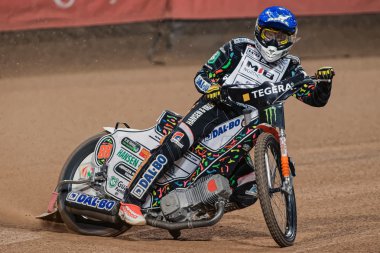 Speedway rider in curve at the TEGERA Stockholm practice for the
