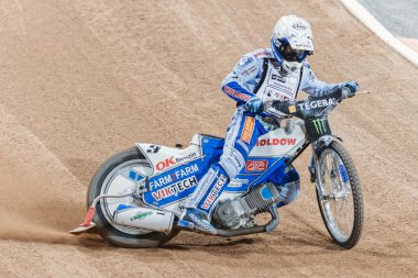 Nicki Pedersen from Denmark in a curve at the TEGERA Stockholm F