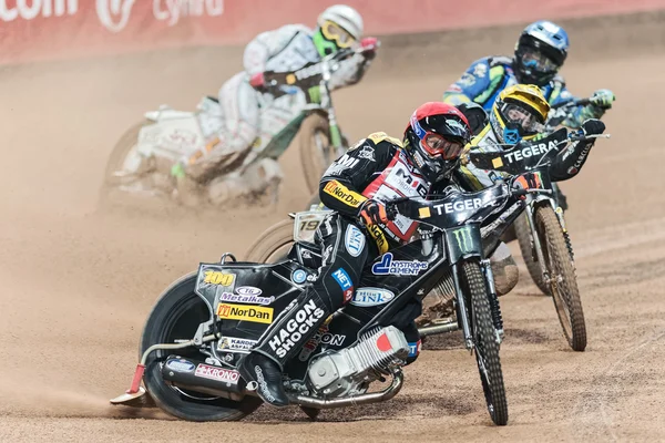 Andreas Jonsson from Sweden leading the heat before Kildemand at the TEGERA Stockholm FIM Speedway Grand Prix — стокове фото