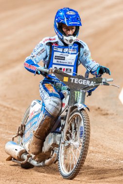 Closeup of Nicki Pedersen from Denmark after a heat at the TEGER