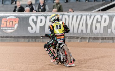 Niels Kristian Iversen from Denmark after a speedway heat at the