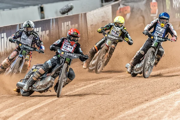 Closeup of a group of speedway racers with Tai Woffinden in the — стокове фото