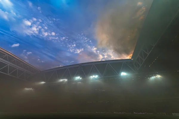Tele2 Arena filled with smoke from the tifo before the derby soc — Stock fotografie
