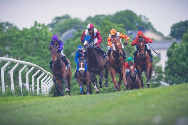 Jockeys hızlı eğrideki dışarı atlar Nationaldagsg hızda