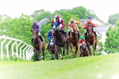 Jockeys hızlı eğrideki dışarı atlar Nationaldagsg hızda