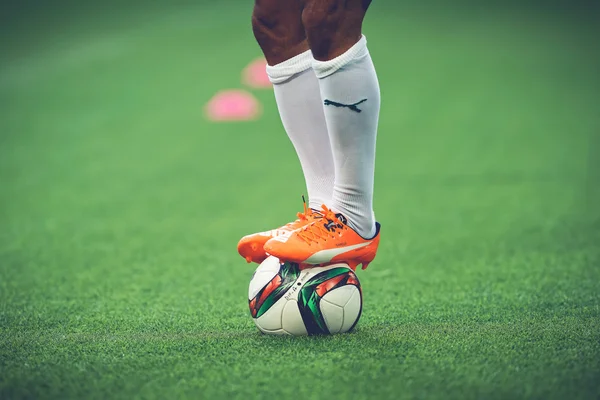 Closeup of soccer legs and feet in the game between Djurgarden a — Zdjęcie stockowe