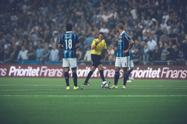 Kickoff by Djurgarden at the soccer game the rivals Djurgarden a