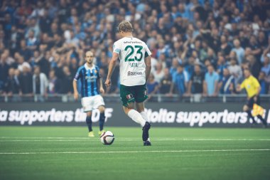 Defender Lars Saetra in the soccer game the rivals Djurgarden an