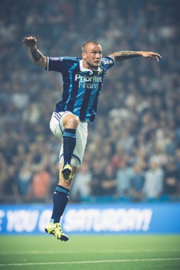 Alexander Faltsetas jumping high at the soccer game between the 