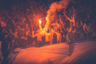 Hammarby fans and tifo at the soccer game between the rivals Dju