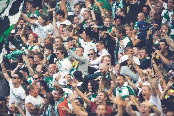 Fãs de Hammarby depois de um gol no jogo de futebol os rivais Djur — Fotografia de Stock