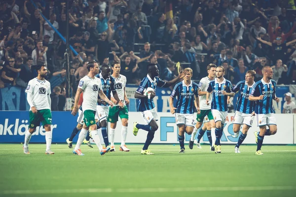 Djurgarden players after a goal at the soccer game between the r — Stock Photo, Image