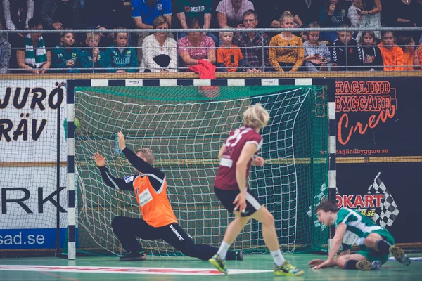 Goalkeeper Robin Hallberg misses the ball at the Handball game b — ストック写真