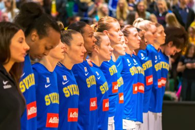 Swedish team during the national anthem during the European Qual