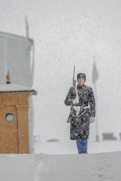 皇家卫队斯德哥尔摩皇家城堡外面在下雪的冬天 — 图库照片