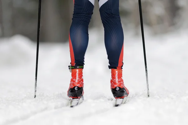 Zbliżenie biegaczy narciarskich fet i nogi w Ski maratonie — Zdjęcie stockowe