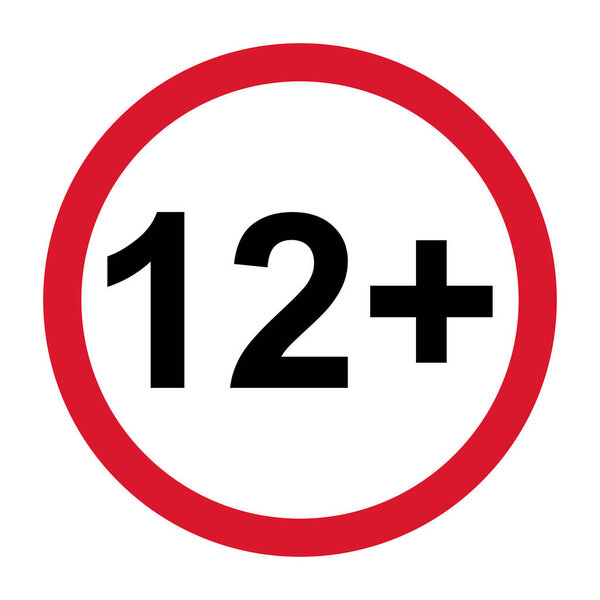 12+ restriction flat sign isolated on white background. Age limit symbol. No under twelve years warning illustration .