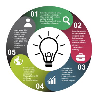 Etiketli beş renkte 5 adım vektör elemanı, bilgi diyagramı. Ampulle 5 adım veya seçeneklerin iş konsepti .