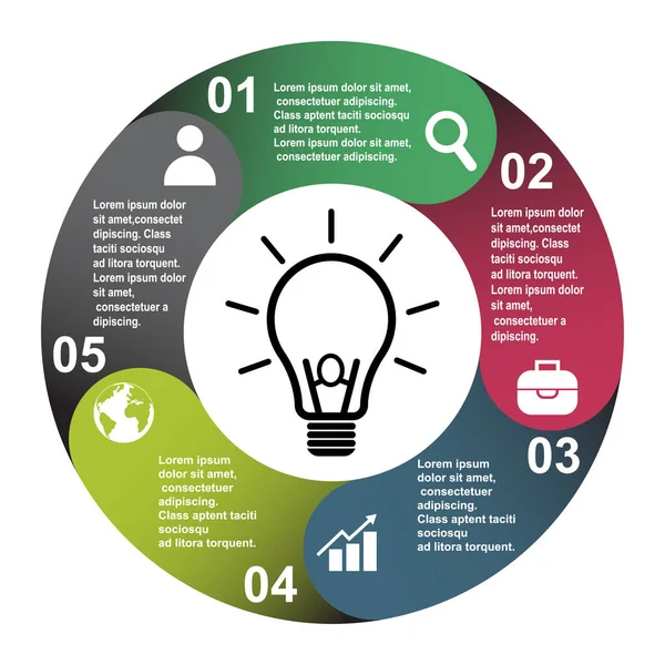Etiketli Beş Renkte Adım Vektör Elemanı Bilgi Diyagramı Ampulle Adım — Stok Vektör