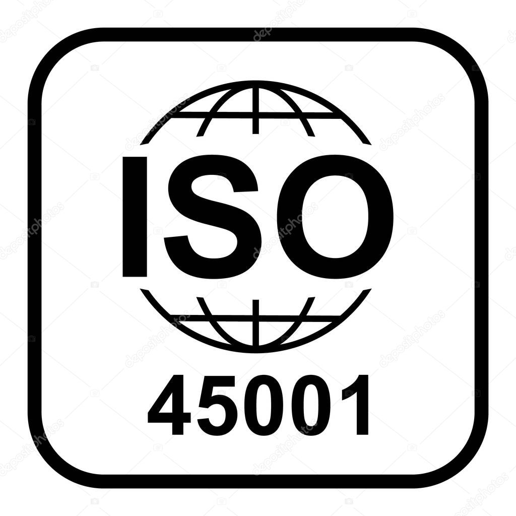 Iso 45001 icon. Occupational Health and Safety. Standard quality symbol. Vector button sign isolated on white background .