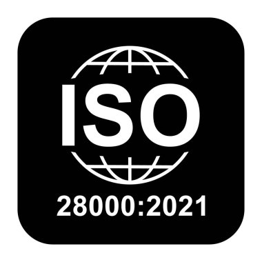 Iso 28000: 2021 simgesi. Güvenlik Yönetim Sistemleri. Standart kalite sembolü. Siyah arkaplanda vektör düğmesi işareti izole edildi .